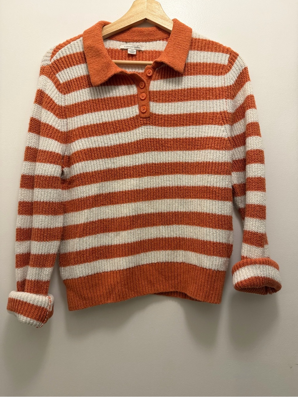 American Eagle Outfitters Pumpkin & Cream Striped Polo Sweater Size Large